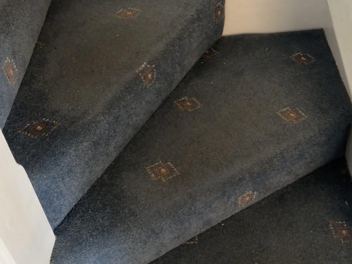 Blue patterned stair carpet, before cleaning